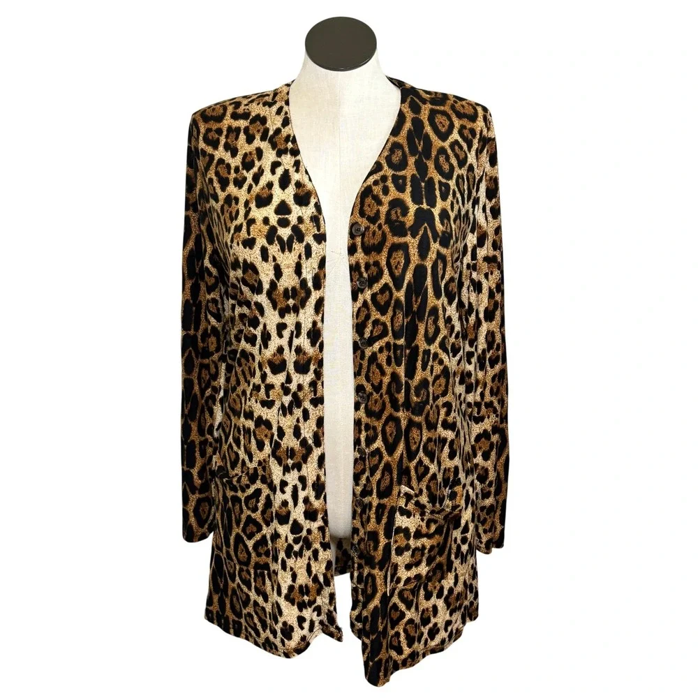 Leopard Print‎ Longline Button Front Cardigan Jacket Brown Black XXL